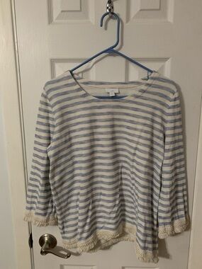 J. Jill Cream and Light Blue Striped Fringe Hem Top